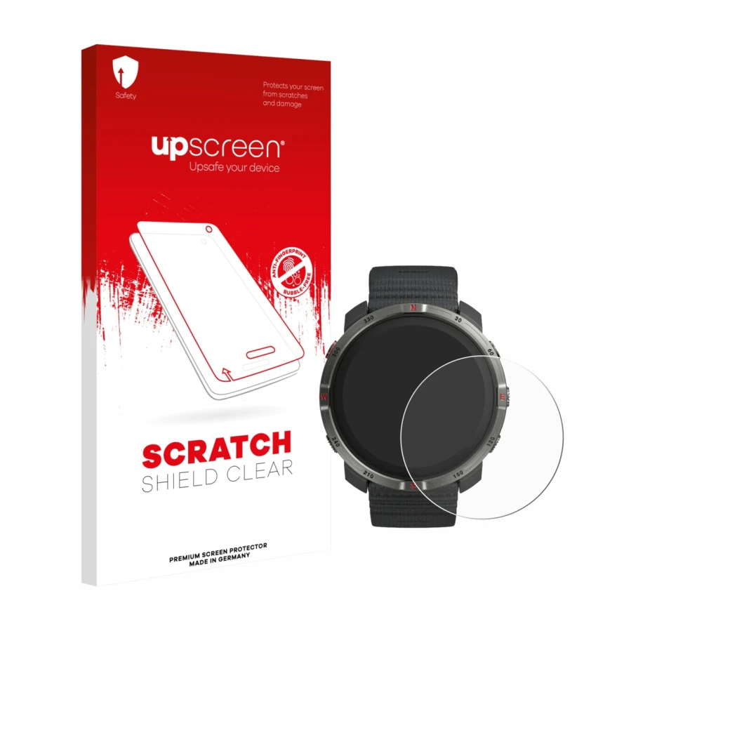 Face avant d’un emballage produit avec le logo de la marque upscreen. À côté, l’appareil Polar Grit X2 est représenté avec la 