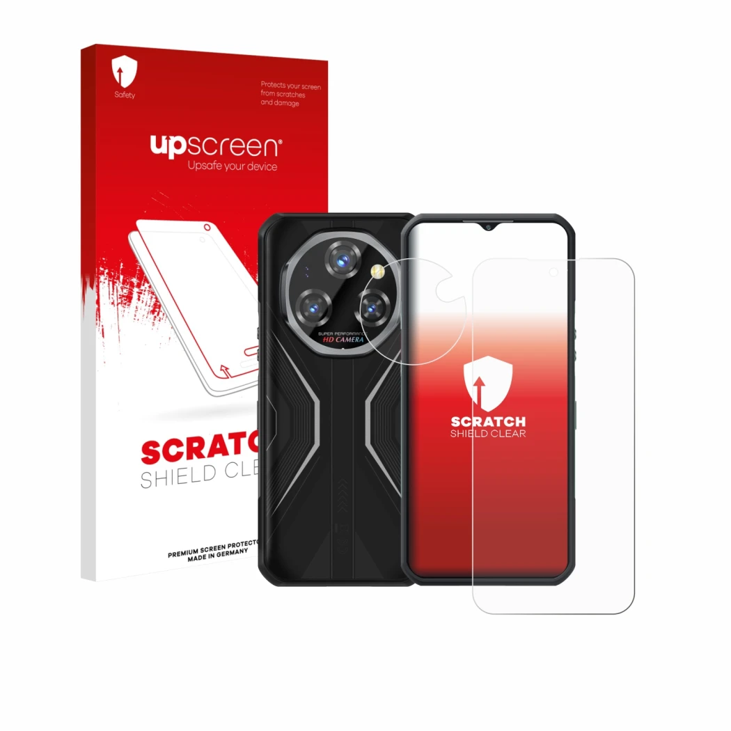 Face avant d’un emballage produit avec le logo de la marque upscreen. À côté, l’appareil Oukitel WP55 Pro (Avant+Caméra) est r