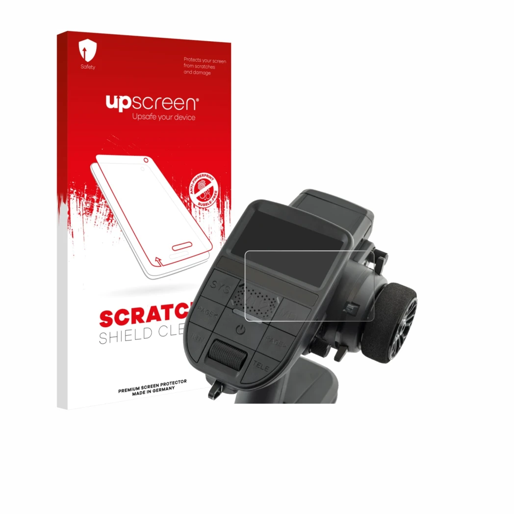 Face avant d’un emballage produit avec le logo de la marque upscreen. À côté, l’appareil Radiomaster MT12 est représenté avec