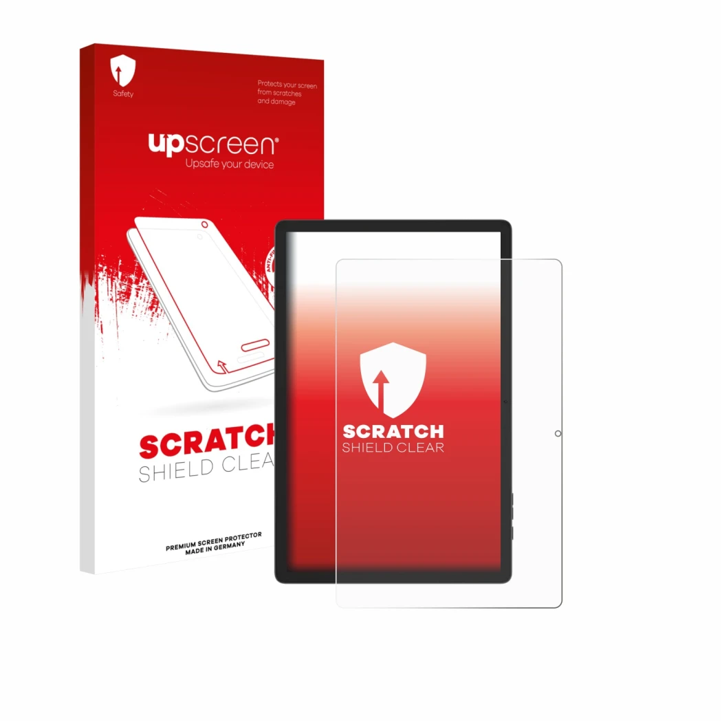 Face avant d’un emballage produit avec le logo de la marque upscreen. À côté, l’appareil Doogee Tab E3 Pro 13 est représenté a