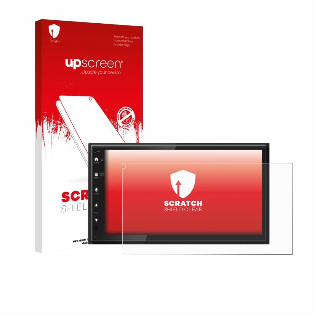 Face avant d’un emballage produit avec le logo de la marque upscreen. À côté, l’appareil Kenwood DMX6523DABS est représenté av