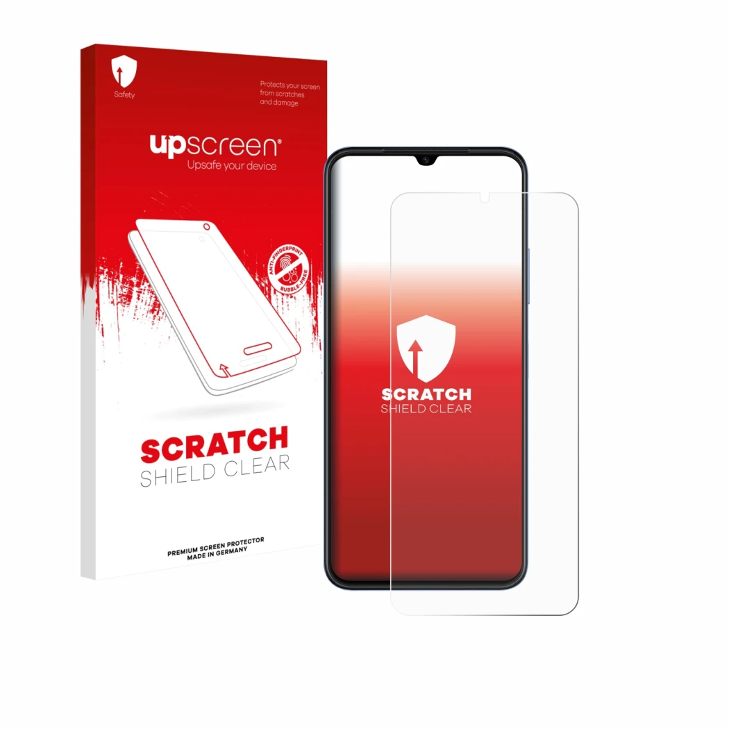 Face avant d’un emballage produit avec le logo de la marque upscreen. À côté, l’appareil Huawei Nova Y61 est représenté avec l