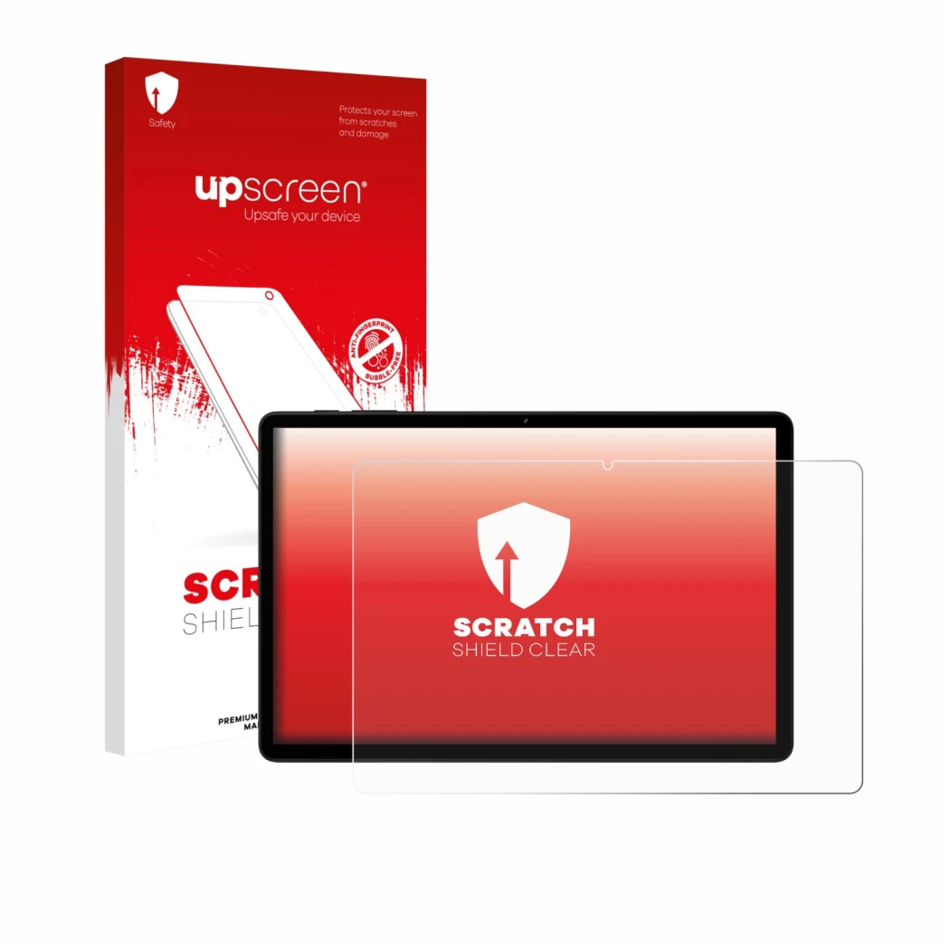 Face avant d’un emballage produit avec le logo de la marque upscreen. À côté, l’appareil Doogee Tab G6 est représenté avec la
