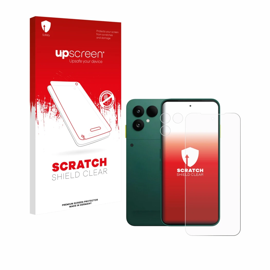 Face avant d’un emballage produit avec le logo de la marque upscreen. À côté, l’appareil Fairphone 6 (Avant+Caméra) est représ