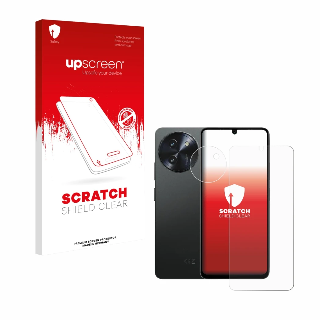 Face avant d’un emballage produit avec le logo de la marque upscreen. À côté, l’appareil Doogee Note 59 Pro Plus (Avant+Caméra