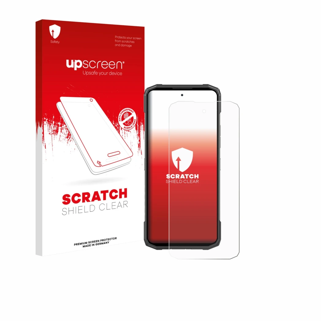 Face avant d’un emballage produit avec le logo de la marque upscreen. À côté, l’appareil Doogee Blade 20 est représenté avec l