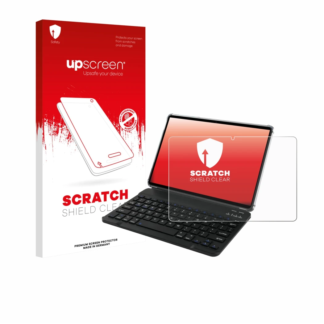Face avant d’un emballage produit avec le logo de la marque upscreen. À côté, l’appareil Tabwee T90 est représenté avec la pro