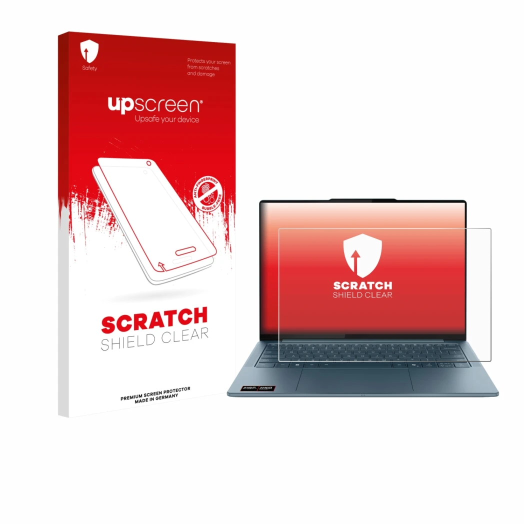 Face avant d’un emballage produit avec le logo de la marque upscreen. À côté, l’appareil Lenovo Yoga Slim 7 Gen 10 14