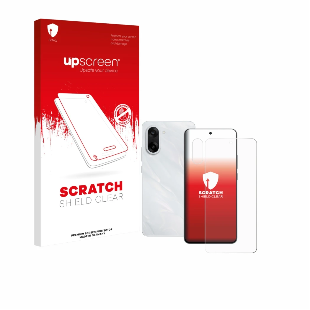 Face avant d’un emballage produit avec le logo de la marque upscreen. À côté, l’appareil OnePlus Nord CE 5 (Avant+Caméra) est 