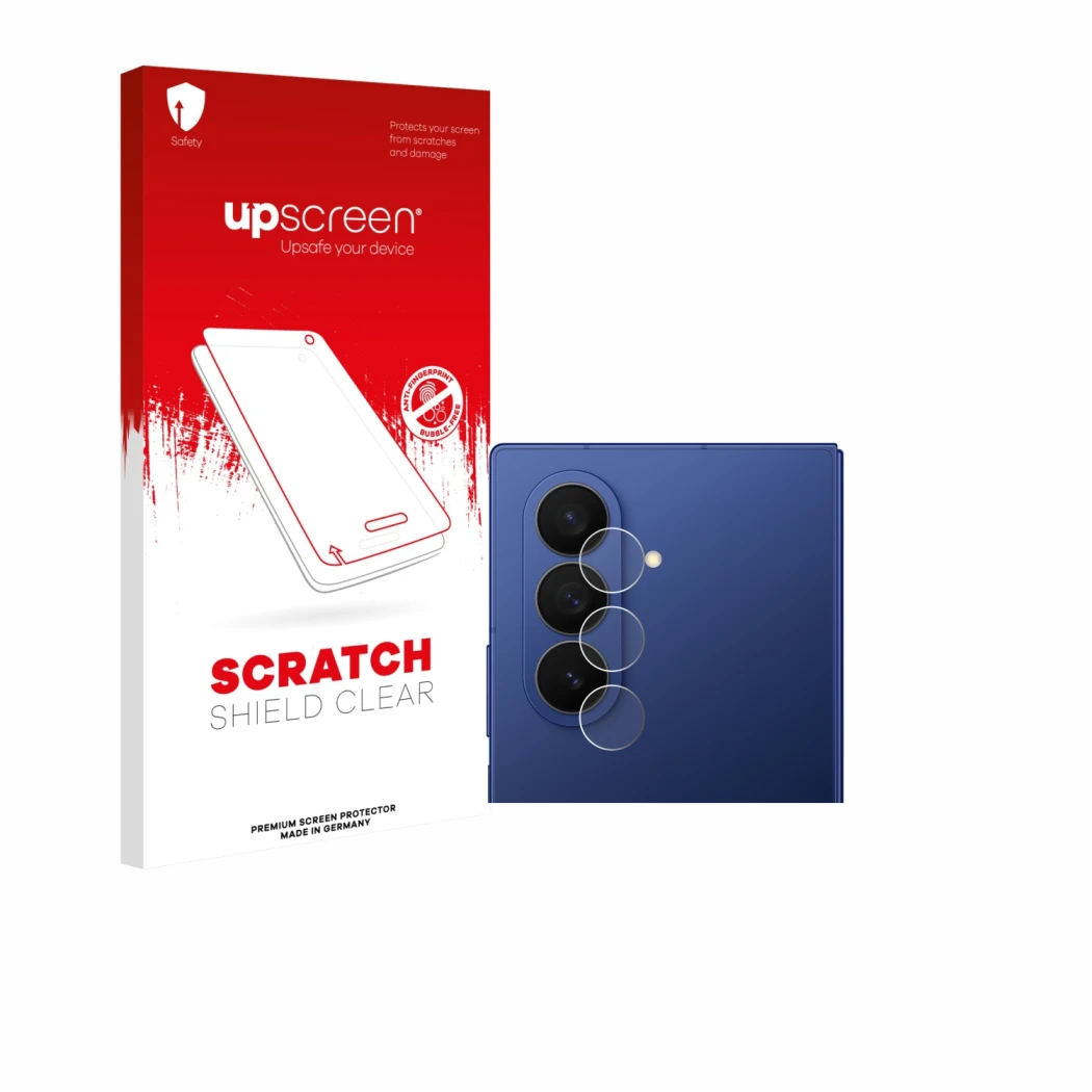 Face avant d’un emballage produit avec le logo de la marque upscreen. À côté, l’appareil Samsung Galaxy Z Fold 7 (Caméra UNIQU