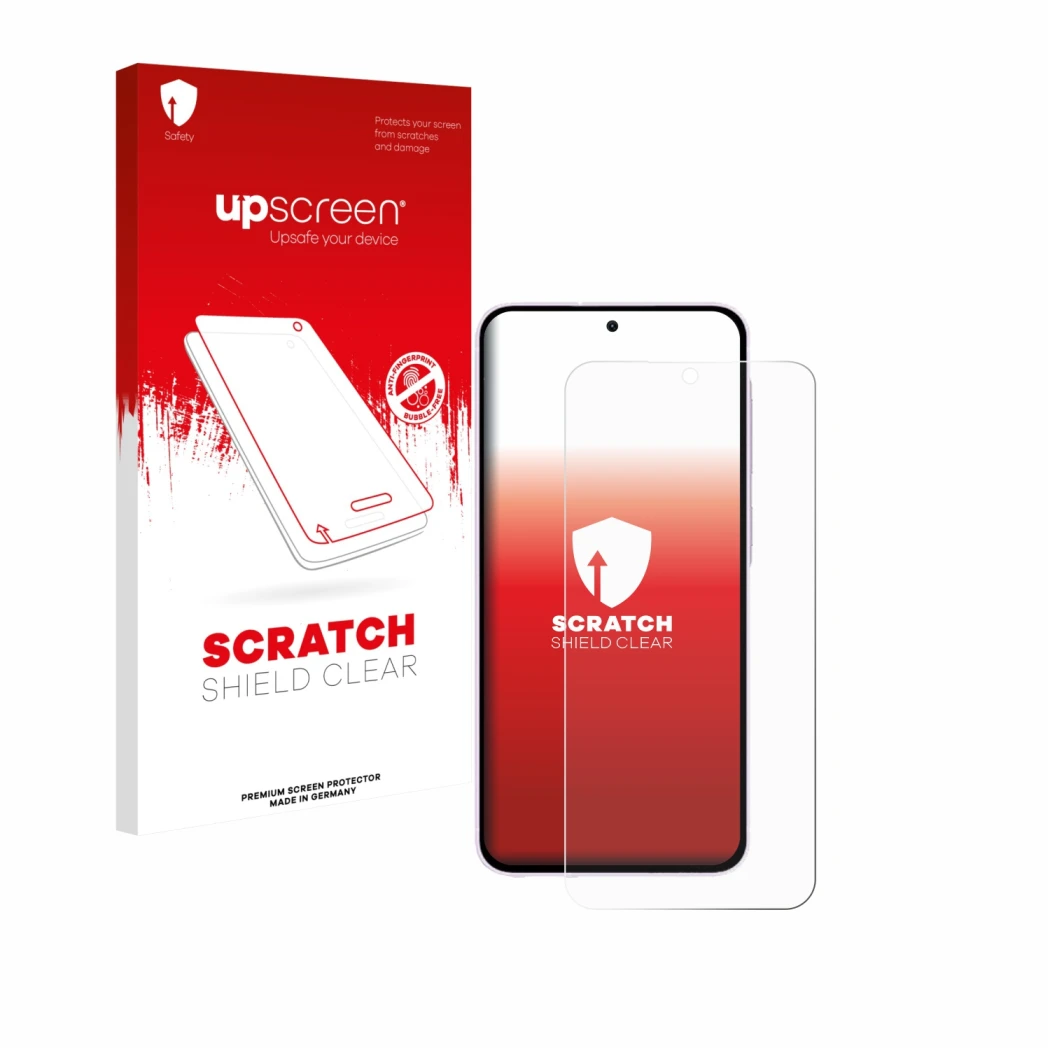 Face avant d’un emballage produit avec le logo de la marque upscreen. À côté, l’appareil Samsung Galaxy A56 5G (case-friendly)