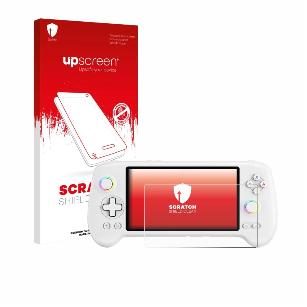 Face avant d’un emballage produit avec le logo de la marque upscreen. À côté, l’appareil Anbernic RG557 est représenté avec la