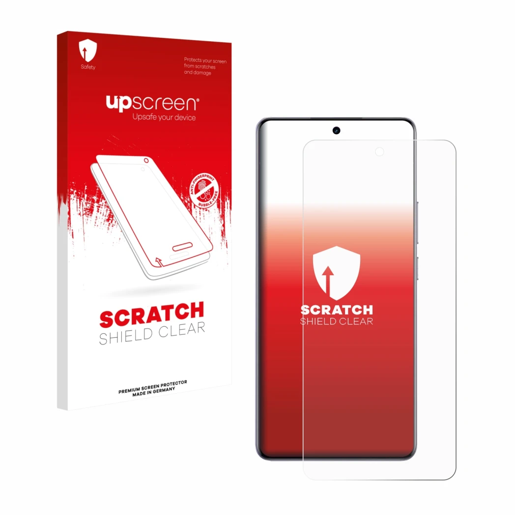 Face avant d’un emballage produit avec le logo de la marque upscreen. À côté, l’appareil realme 15 Pro est représenté avec la