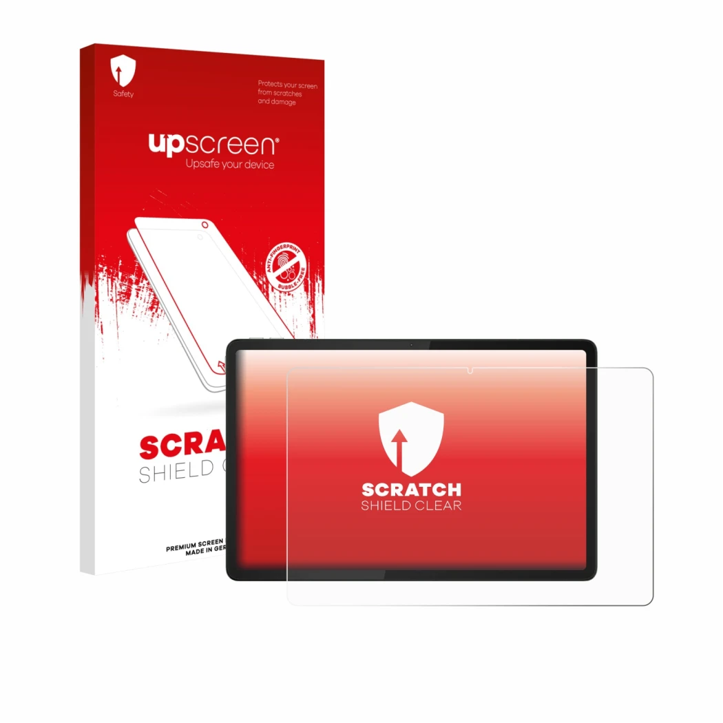 Face avant d’un emballage produit avec le logo de la marque upscreen. À côté, l’appareil Lenovo Tab K11e est représenté avec l