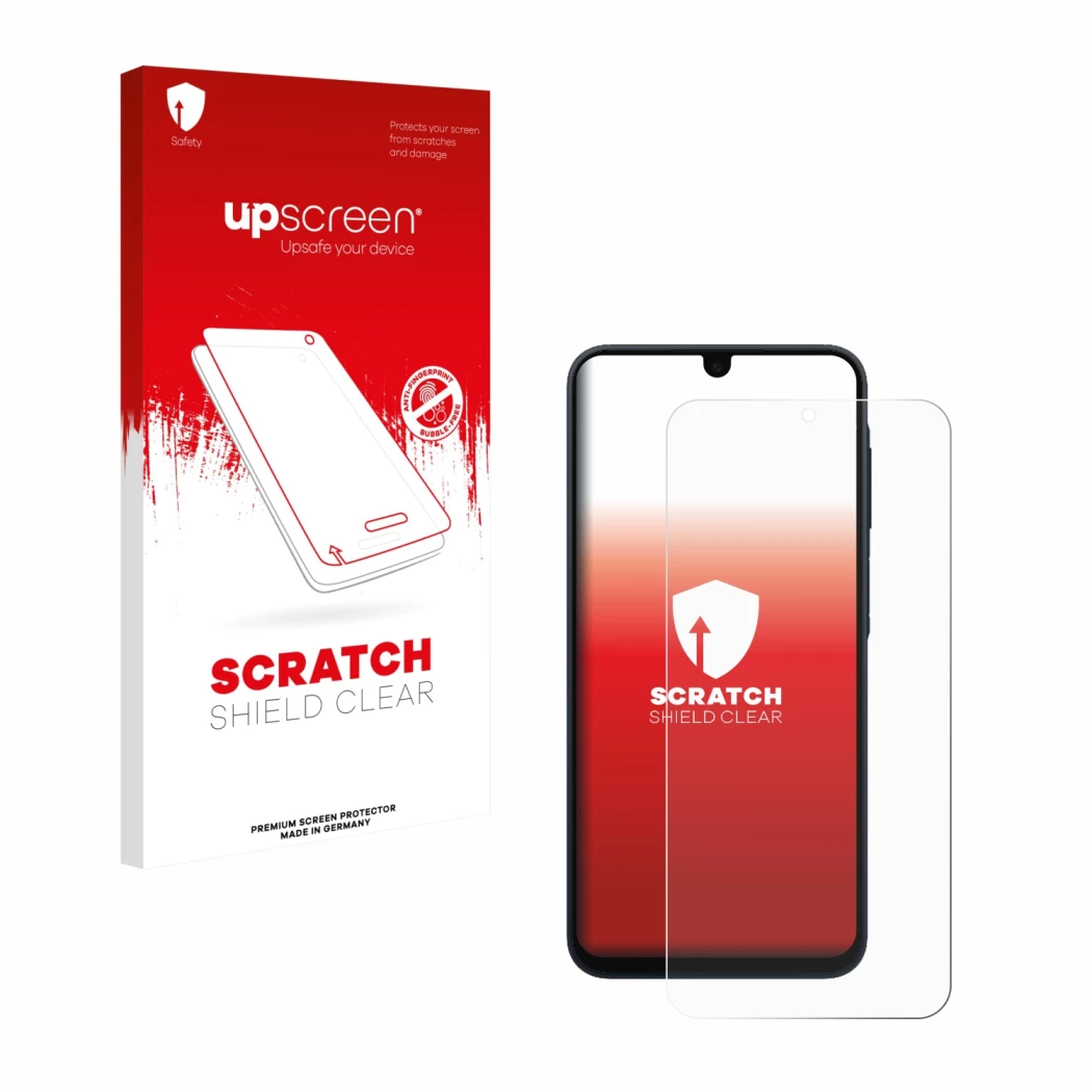 Face avant d’un emballage produit avec le logo de la marque upscreen. À côté, l’appareil Samsung Galaxy A17 5G est représenté 