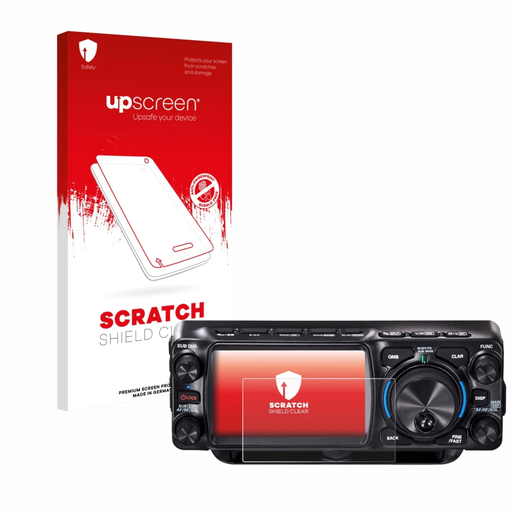 Face avant d’un emballage produit avec le logo de la marque upscreen. À côté, l’appareil Yaesu FTX-1 est représenté avec la pr