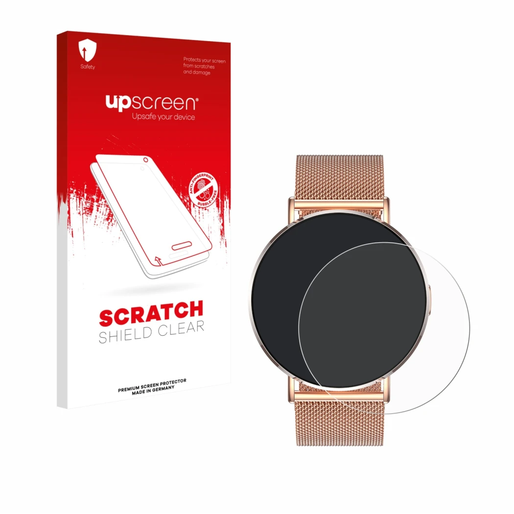 Face avant d’un emballage produit avec le logo de la marque upscreen. À côté, l’appareil Levowatch Eve 1.3