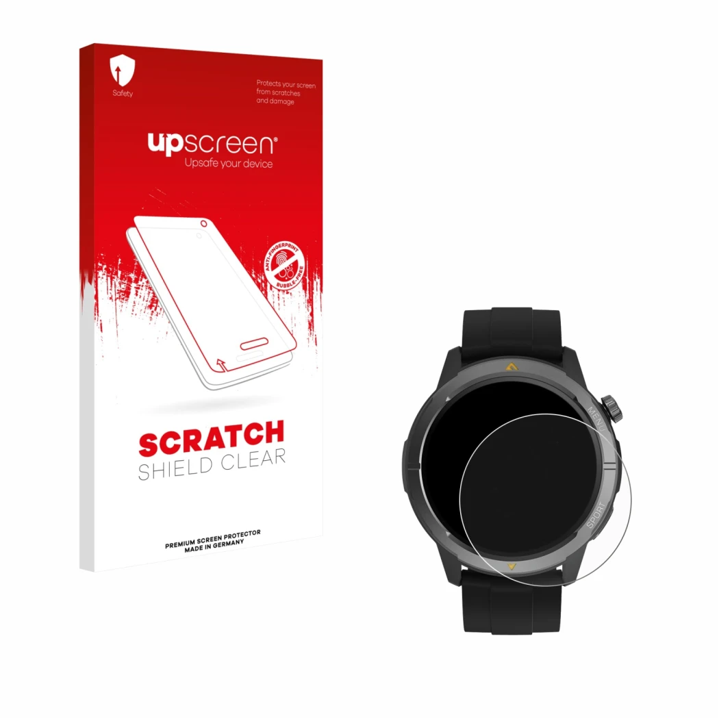 Face avant d’un emballage produit avec le logo de la marque upscreen. À côté, l’appareil AGM Legion Watch 1.43