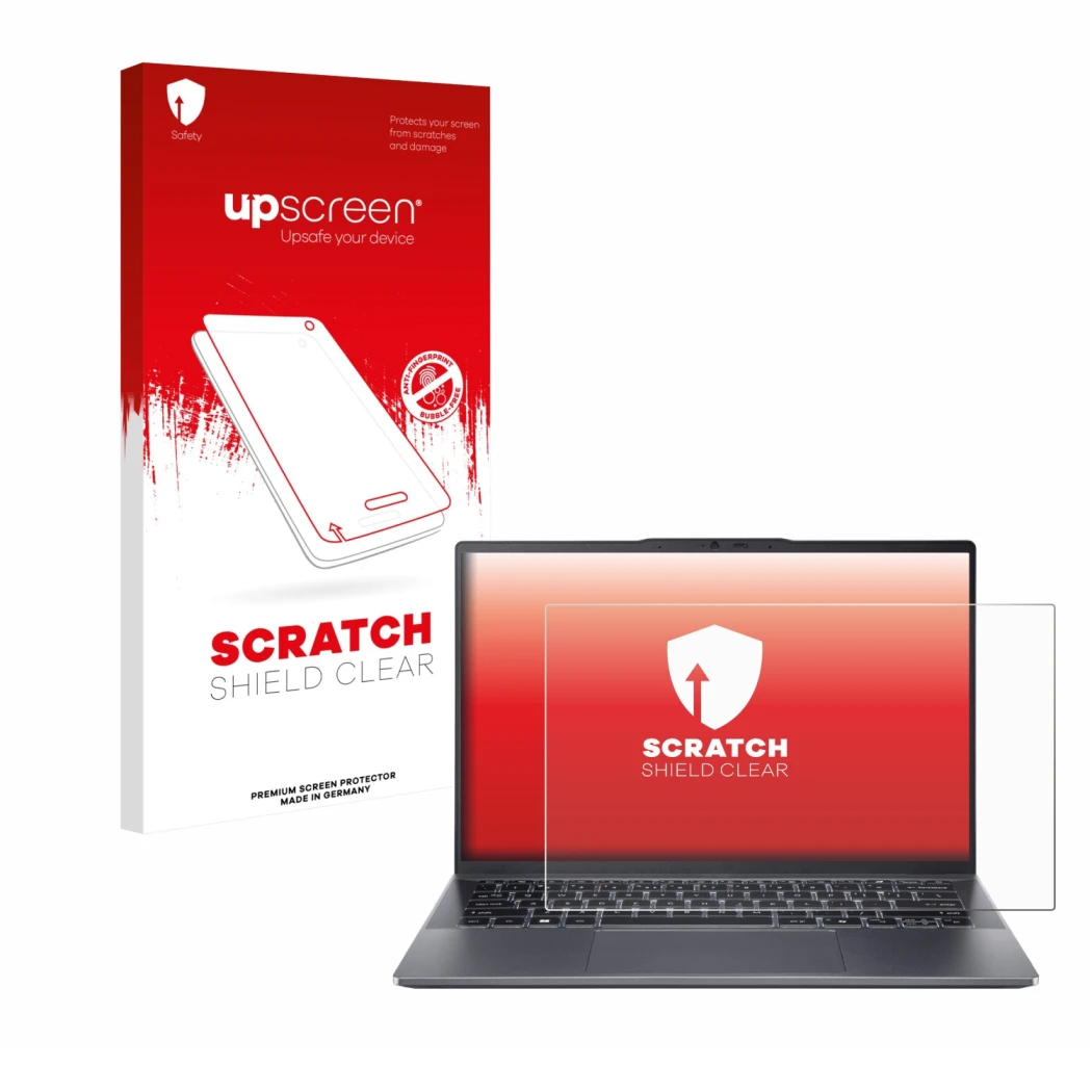 Face avant d’un emballage produit avec le logo de la marque upscreen. À côté, l’appareil Acer Swift Go 14 OLED est représenté