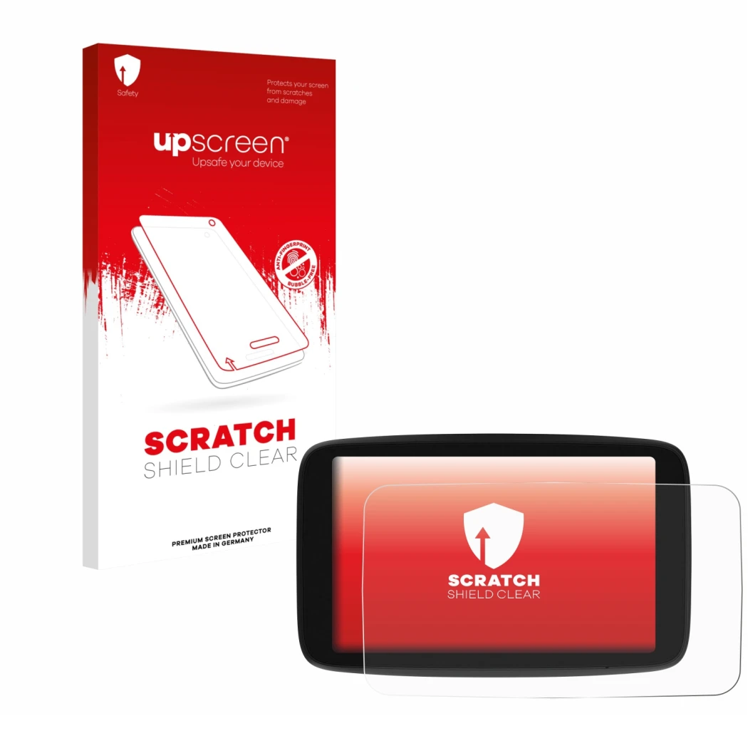 Face avant d’un emballage produit avec le logo de la marque upscreen. À côté, l’appareil TomTom Go Navigator 7 (2ème génératio