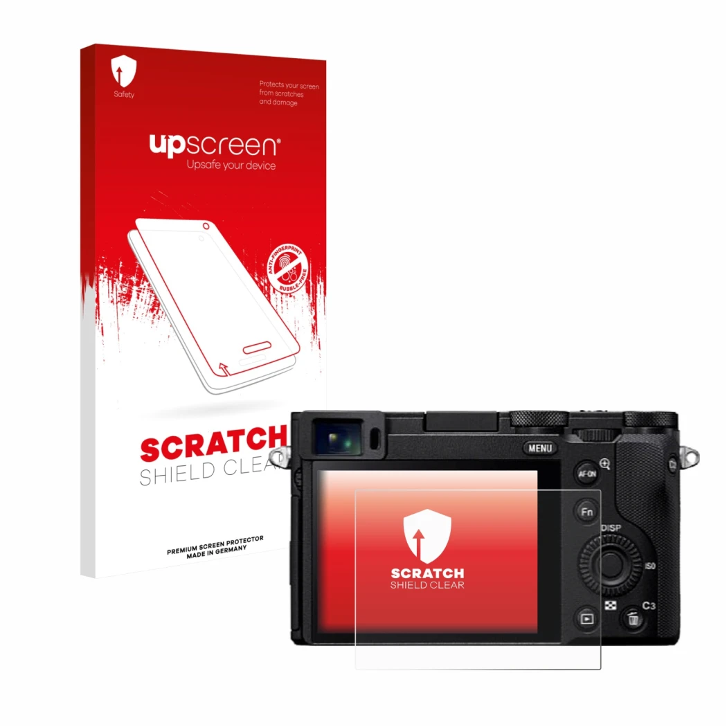 Face avant d’un emballage produit avec le logo de la marque upscreen. À côté, l’appareil Sony RX1R III est représenté avec la 