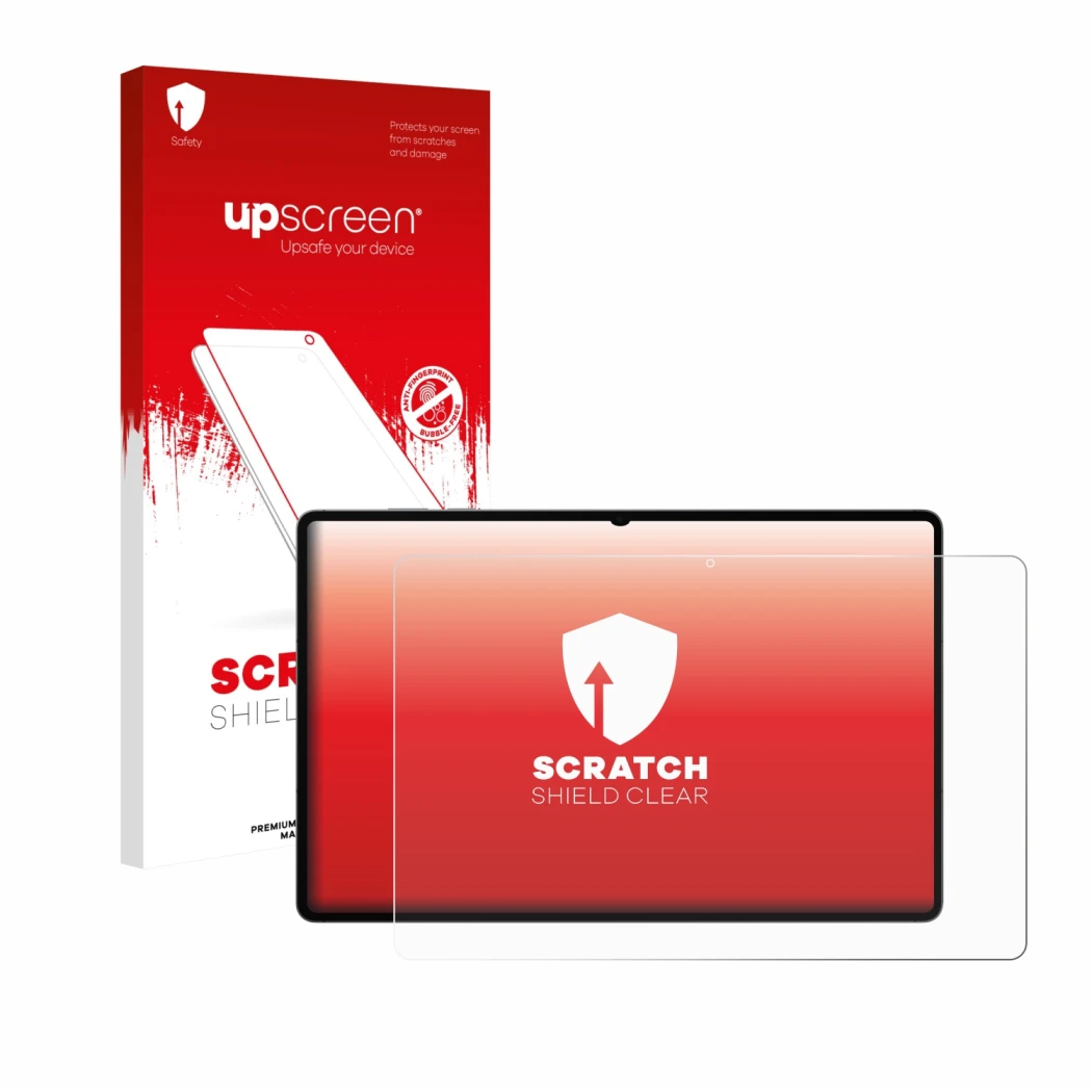 Face avant d’un emballage produit avec le logo de la marque upscreen. À côté, l’appareil Samsung Galaxy Tab S11 Ultra est repr