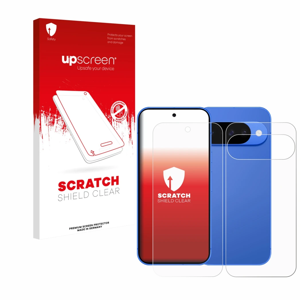 Face avant d’un emballage produit avec le logo de la marque upscreen. À côté, l’appareil Google Pixel 10 (Avant+Arrière) est r