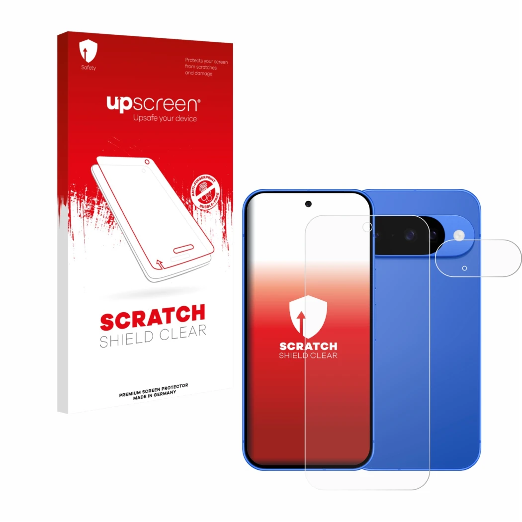 Face avant d’un emballage produit avec le logo de la marque upscreen. À côté, l’appareil Google Pixel 10 (Avant+Caméra) est re