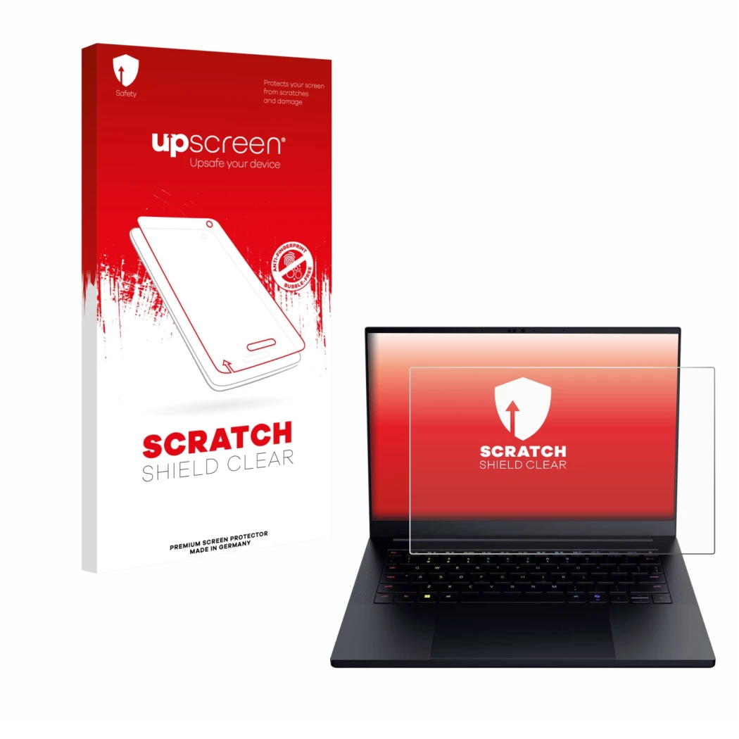 Face avant d’un emballage produit avec le logo de la marque upscreen. À côté, l’appareil Razer Blade 14 2025 est représenté av