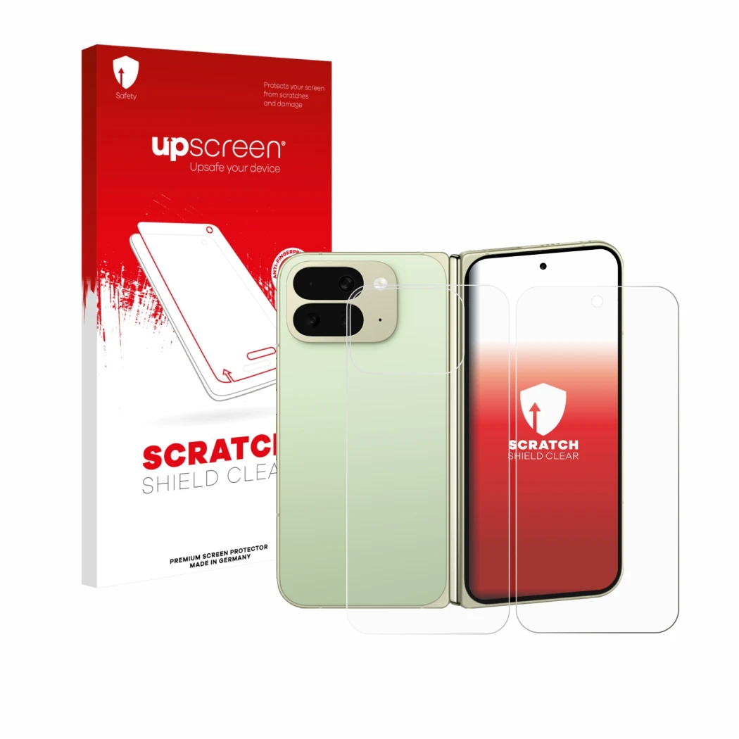 Face avant d’un emballage produit avec le logo de la marque upscreen. À côté, l’appareil Google Pixel 10 Pro Fold (Avant+Arriè