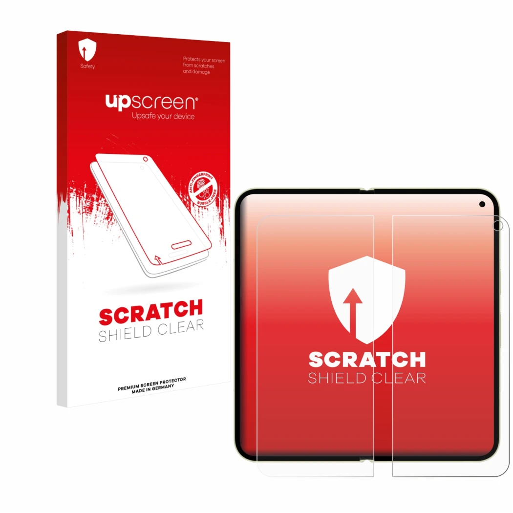 Face avant d’un emballage produit avec le logo de la marque upscreen. À côté, l’appareil Google Pixel 10 Pro Fold (Affichage i