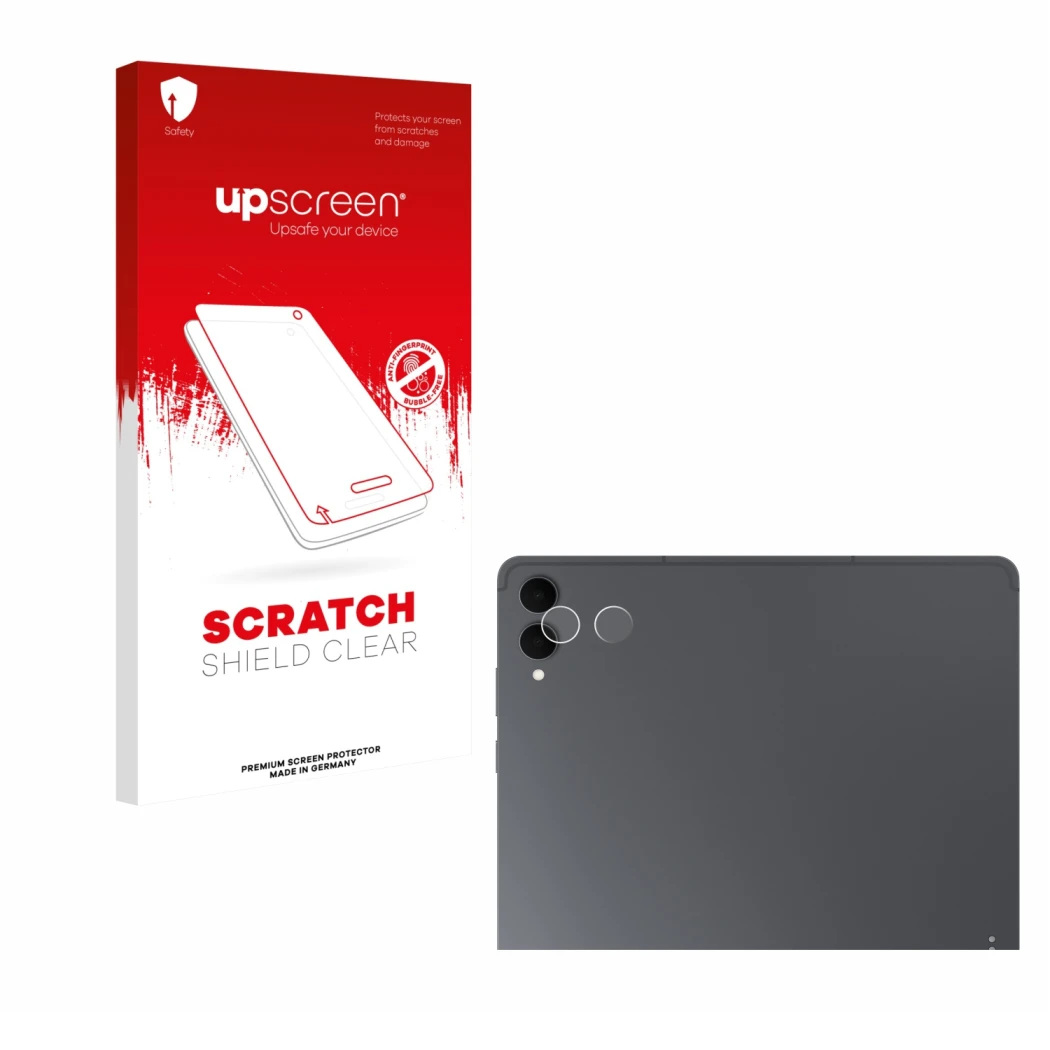 Face avant d’un emballage produit avec le logo de la marque upscreen. À côté, l’appareil Samsung Galaxy Tab S11 Ultra (Caméra 