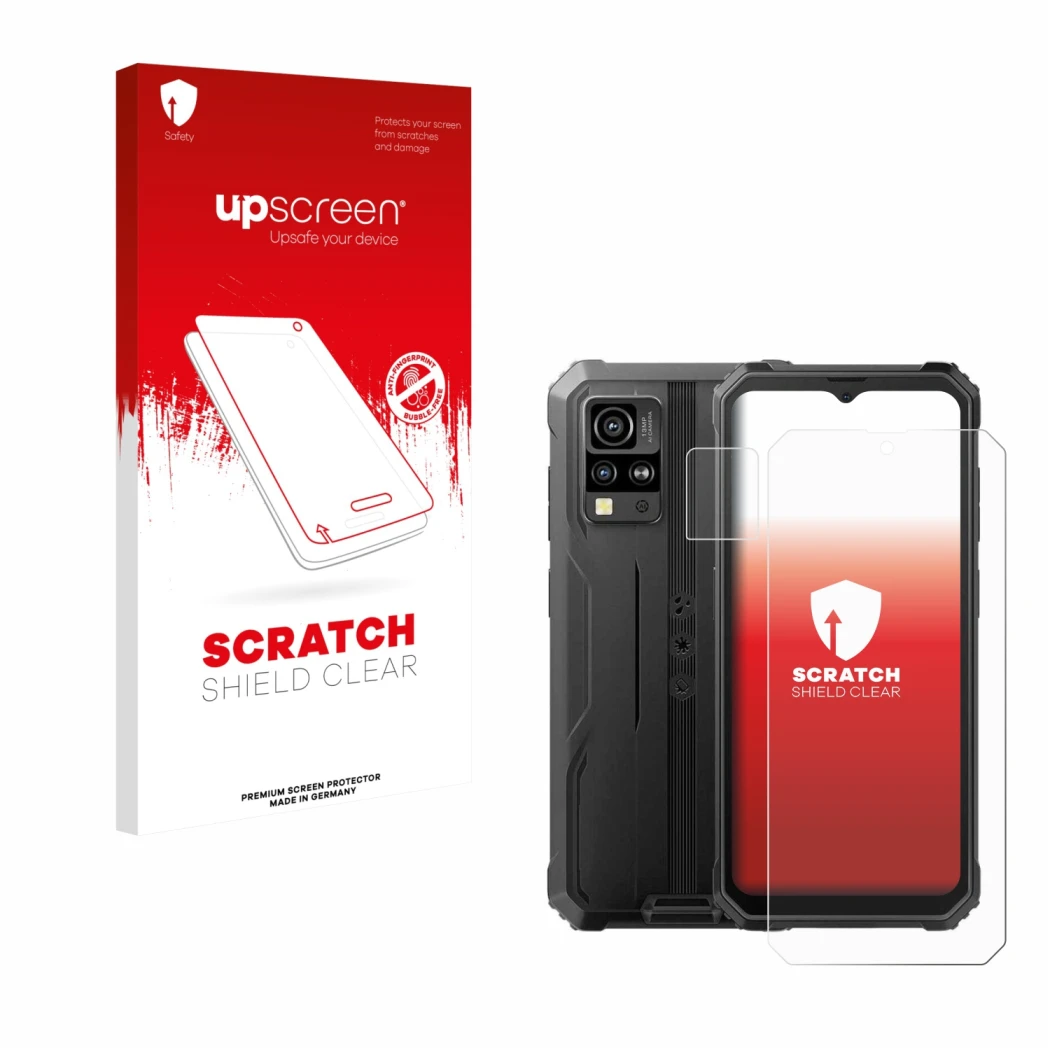 Face avant d’un emballage produit avec le logo de la marque upscreen. À côté, l’appareil Blackview BV4800 (Avant+Caméra) est r