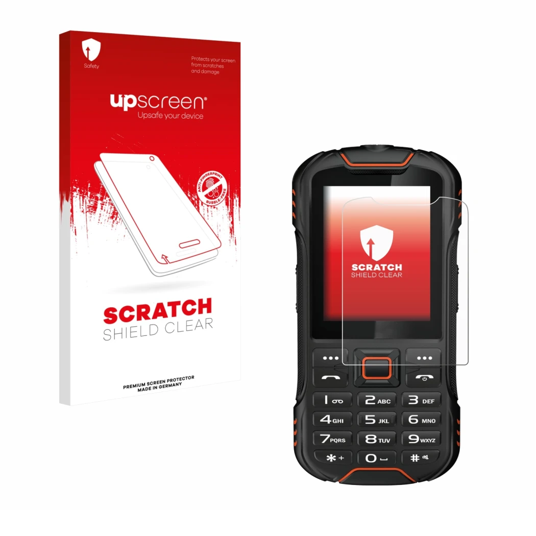 Face avant d’un emballage produit avec le logo de la marque upscreen. À côté, l’appareil Gigaset GLX8 est représenté avec la p