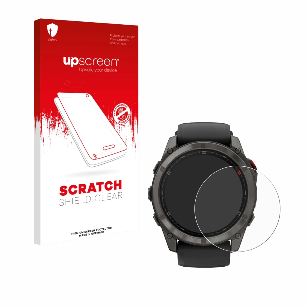 Face avant d’un emballage produit avec le logo de la marque upscreen. À côté, l’appareil Garmin Fenix 8 Pro AMOLED (51 mm) est
