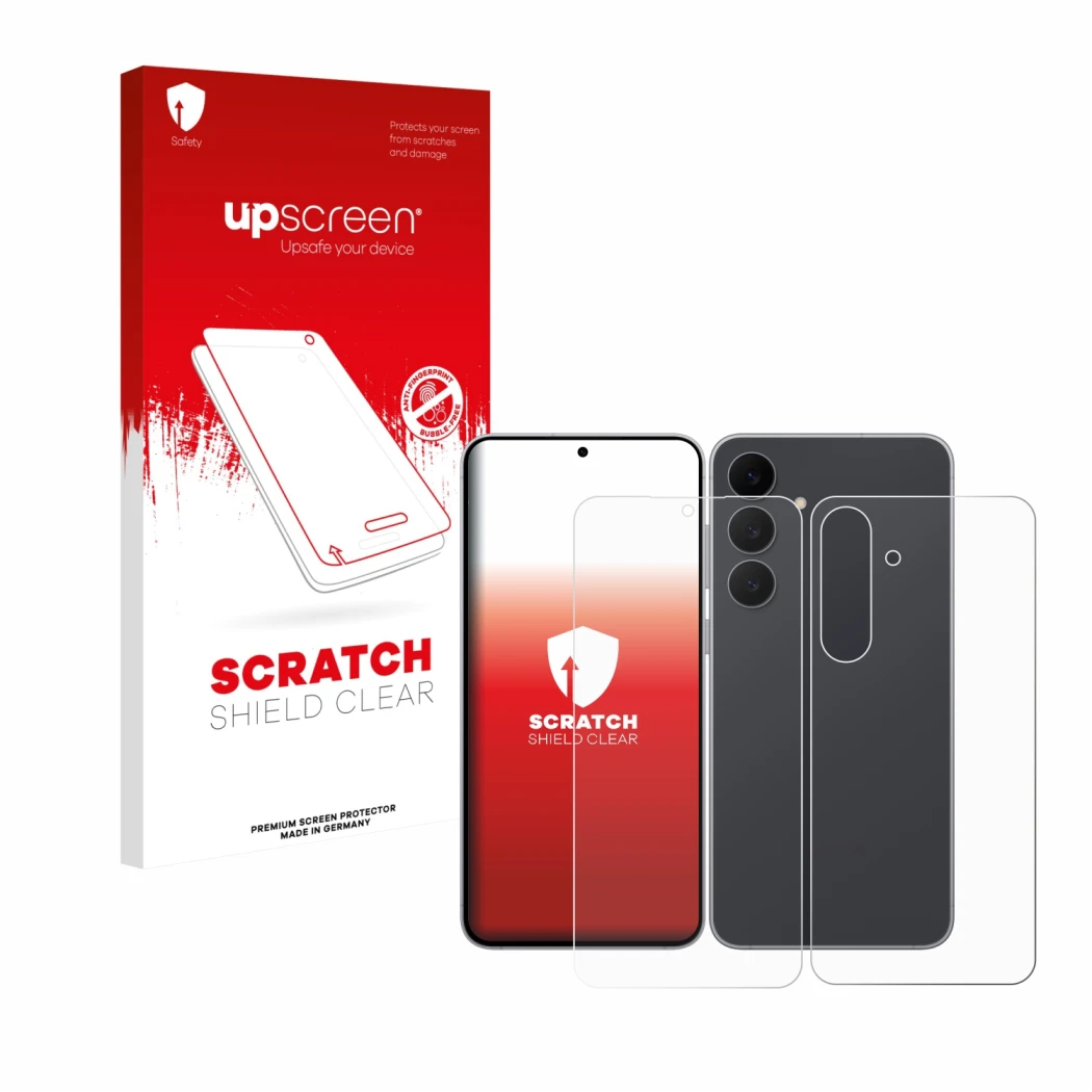 Face avant d’un emballage produit avec le logo de la marque upscreen. À côté, l’appareil Samsung Galaxy S25 FE (Avant+Arrière)