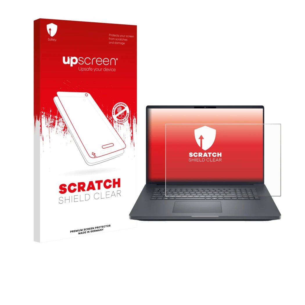 Face avant d’un emballage produit avec le logo de la marque upscreen. À côté, l’appareil Dell Pro Max Plus 18 est représenté a