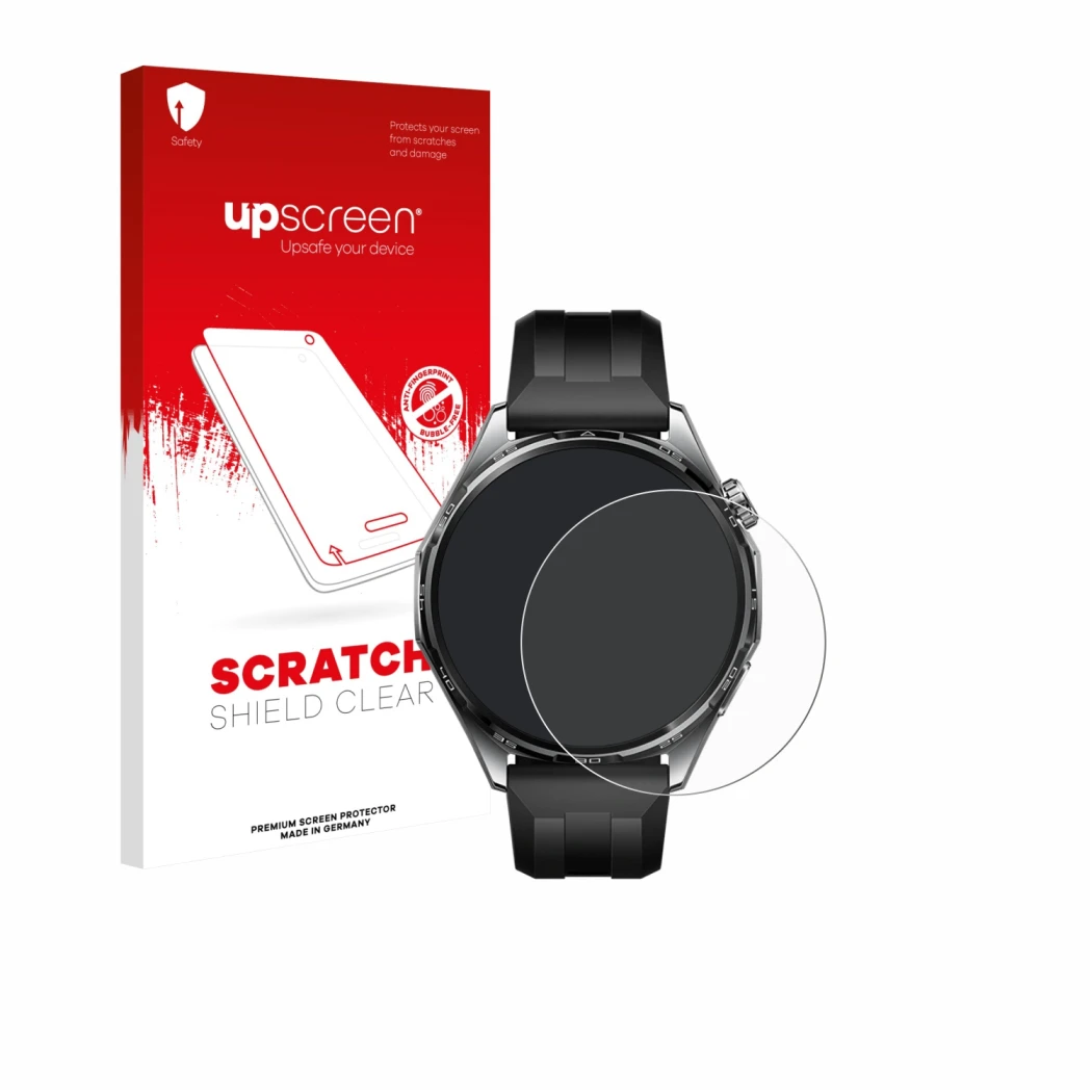 Face avant d’un emballage produit avec le logo de la marque upscreen. À côté, l’appareil Huawei Watch GT 6 (46 mm) est représe