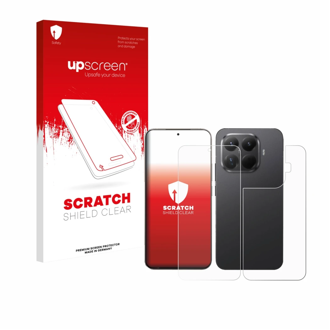Face avant d’un emballage produit avec le logo de la marque upscreen. À côté, l’appareil Xiaomi 15T Pro (Avant+Arrière) est re