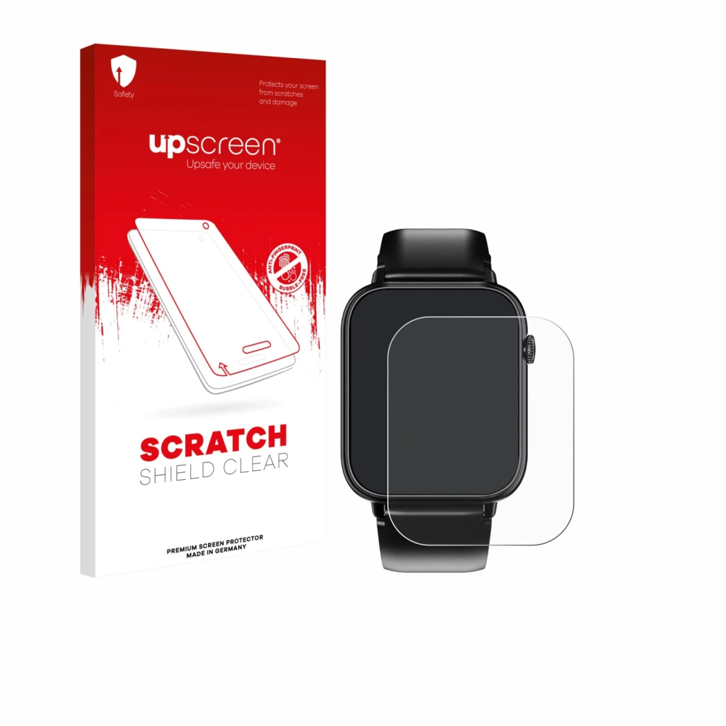 Face avant d’un emballage produit avec le logo de la marque upscreen. À côté, l’appareil Oukitel V3 1.83
