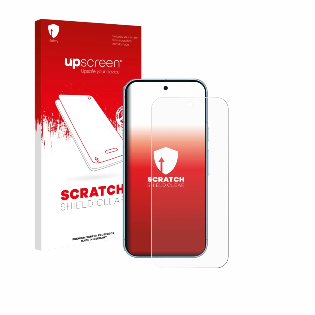 Face avant d’un emballage produit avec le logo de la marque upscreen. À côté, l’appareil Google Pixel 9 (case-friendly) est re