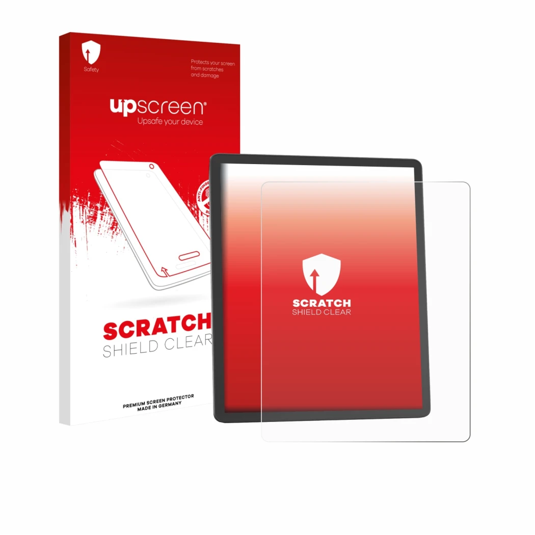 Face avant d’un emballage produit avec le logo de la marque upscreen. À côté, l’appareil Amazon Kindle Scribe 2025 est représe