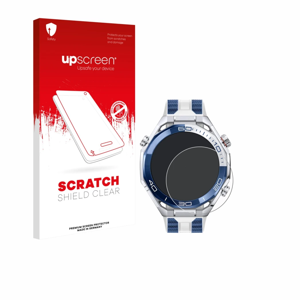 Face avant d’un emballage produit avec le logo de la marque upscreen. À côté, l’appareil Huawei Watch Ultimate 2 Blue est repr