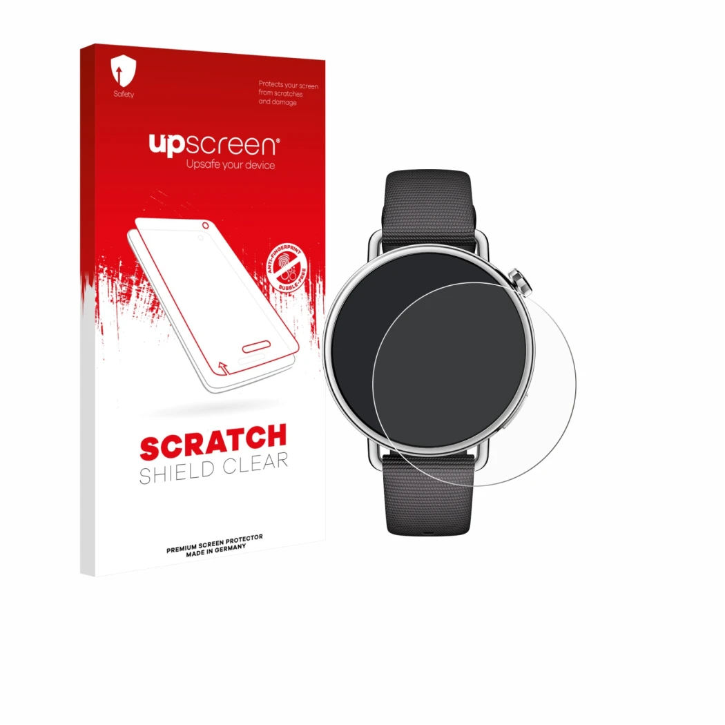 Face avant d’un emballage produit avec le logo de la marque upscreen. À côté, l’appareil Xiaomi Watch S4 (41 mm) est représent