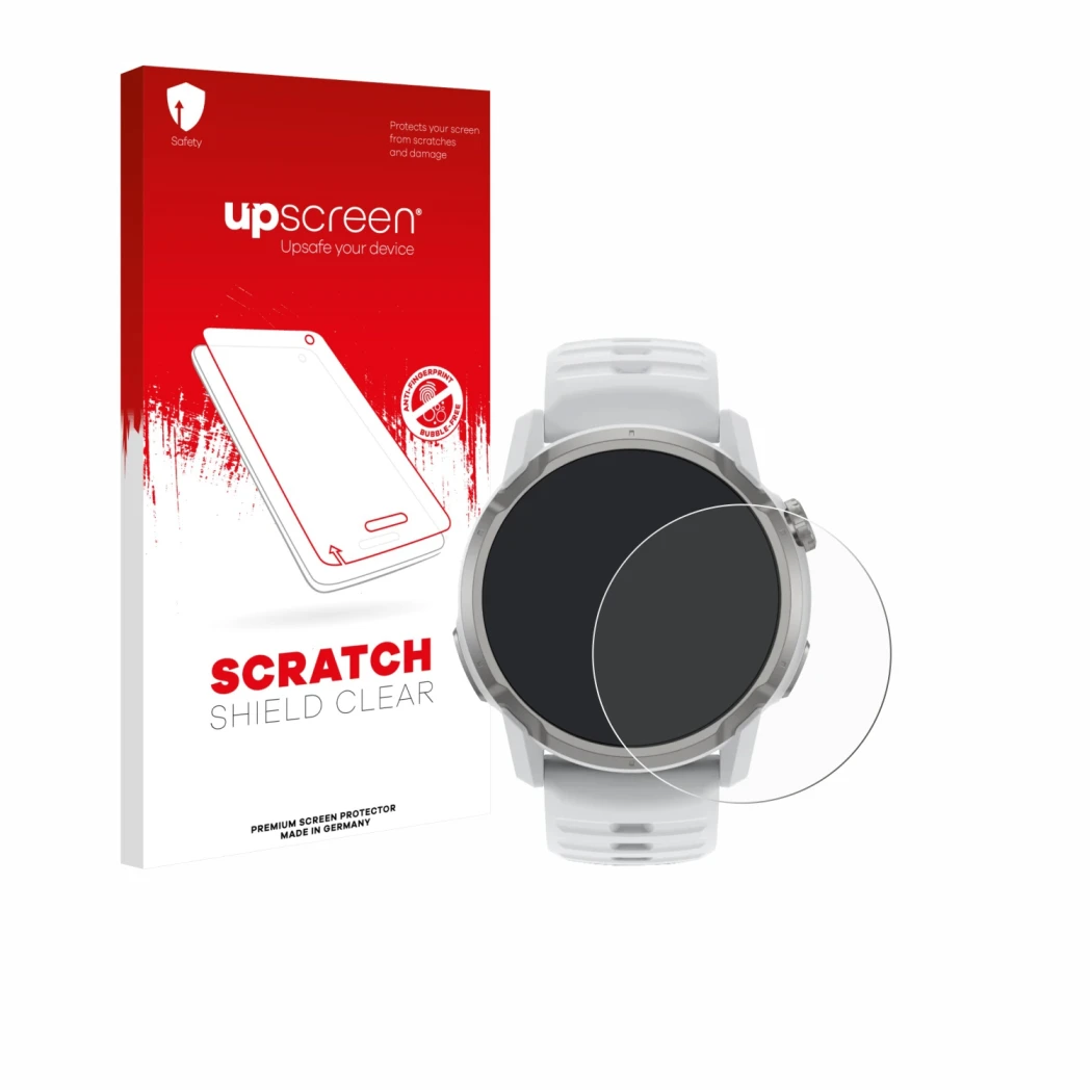Face avant d’un emballage produit avec le logo de la marque upscreen. À côté, l’appareil Coros Apex 4 (46 mm) est représenté a