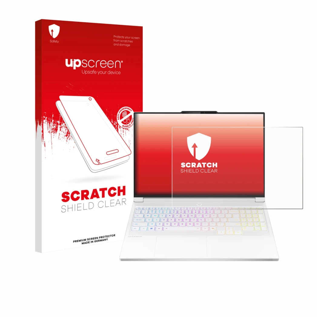 Face avant d’un emballage produit avec le logo de la marque upscreen. À côté, l’appareil Lenovo Legion 7i Gen 10 16
