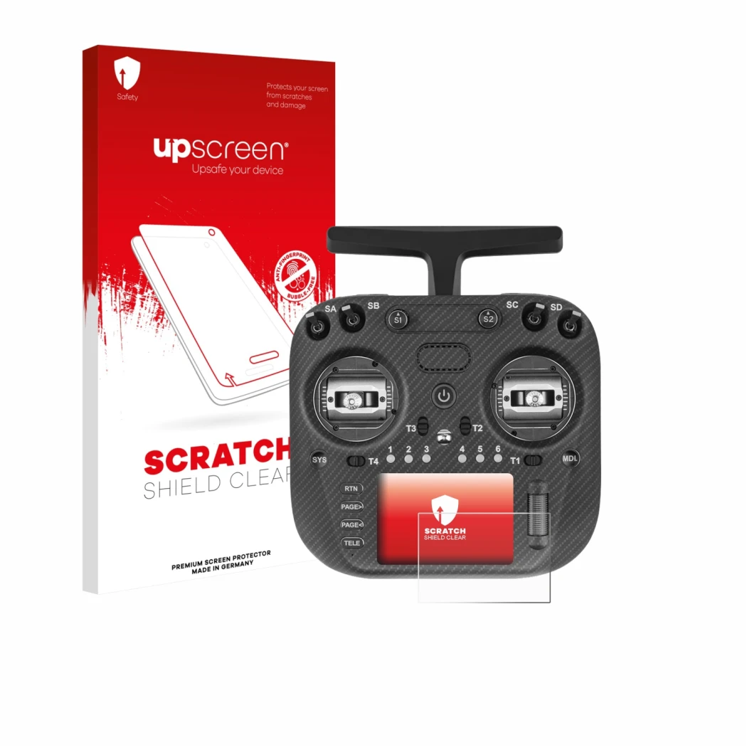 Face avant d’un emballage produit avec le logo de la marque upscreen. À côté, l’appareil Radiomaster TX15 Max est représenté a