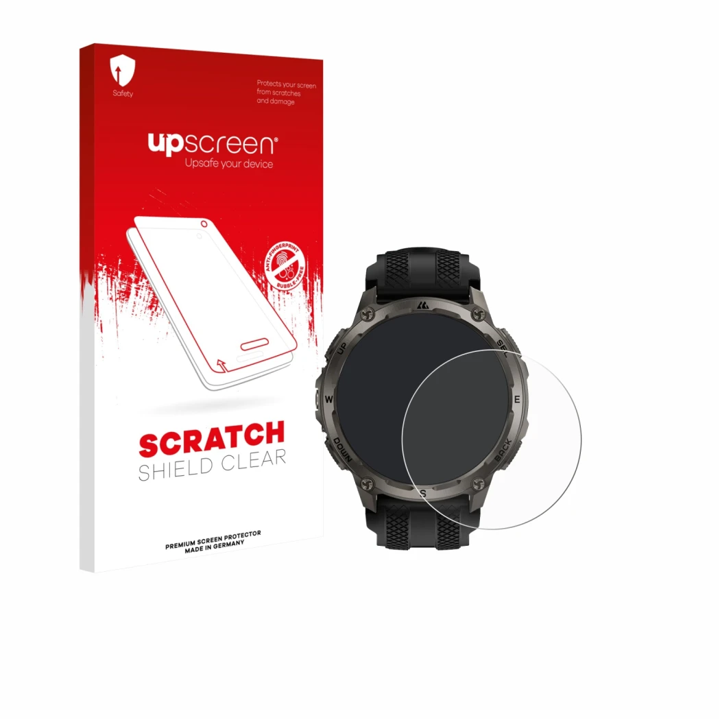 Face avant d’un emballage produit avec le logo de la marque upscreen. À côté, l’appareil Kospet Tank T4 est représenté avec la