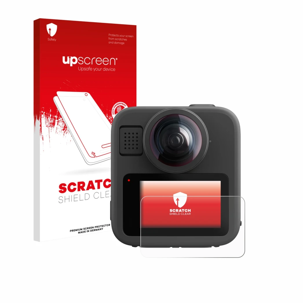 Face avant d’un emballage produit avec le logo de la marque upscreen. À côté, l’appareil GoPro Max 2 est représenté avec la pr