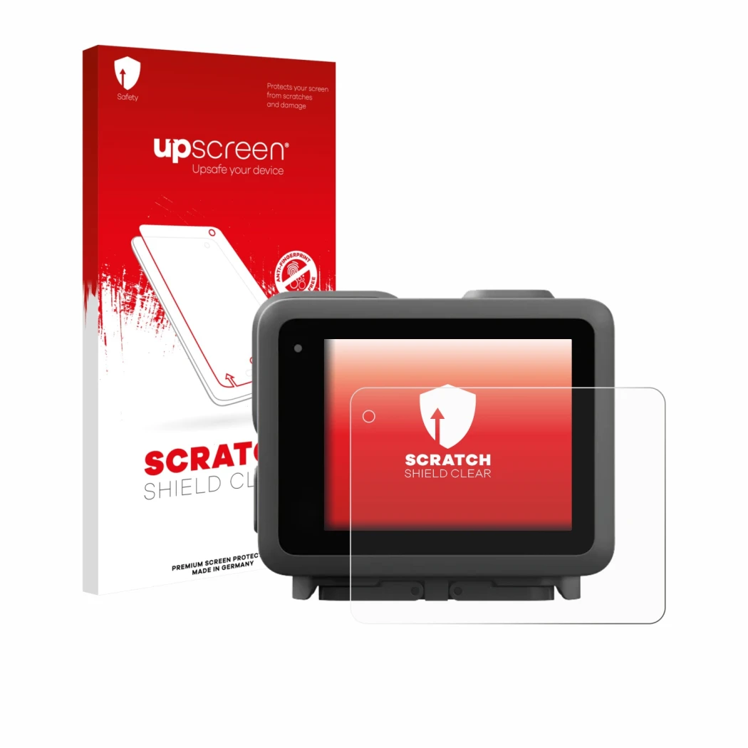 Face avant d’un emballage produit avec le logo de la marque upscreen. À côté, l’appareil GoPro Lit Hero est représenté avec la